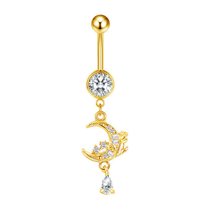 Three-dimensional Moon Copper Belly Ring With Electroplated Platinum Plated Finish And Zircon Inlay