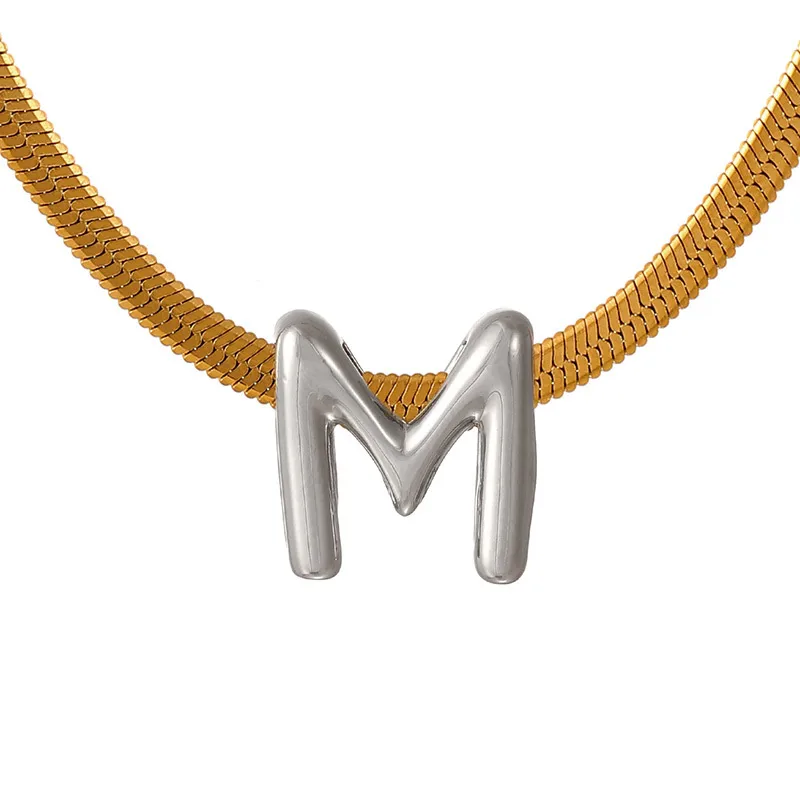 Suitable For 304 Stainless Steel Letter Beaded Necklace With 18k Real Gold Electroplated Snake Chain, Unisex