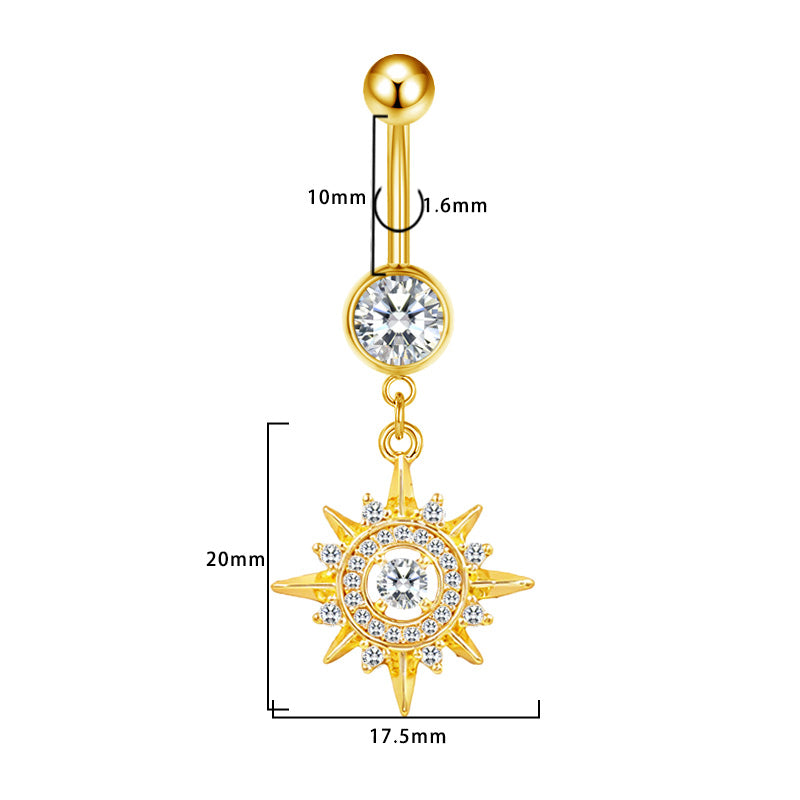Three-dimensional Moon Copper Belly Ring With Electroplated Platinum Plated Finish And Zircon Inlay