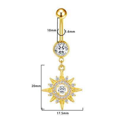 Three-dimensional Moon Copper Belly Ring With Electroplated Platinum Plated Finish And Zircon Inlay