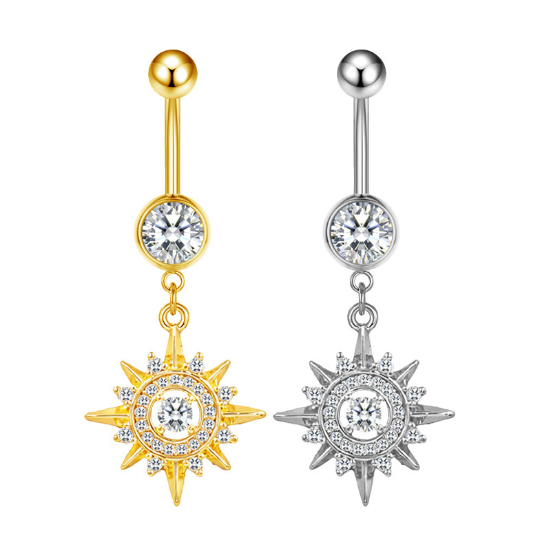 Three-dimensional Moon Copper Belly Ring With Electroplated Platinum Plated Finish And Zircon Inlay