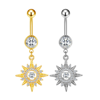 Three-dimensional Moon Copper Belly Ring With Electroplated Platinum Plated Finish And Zircon Inlay