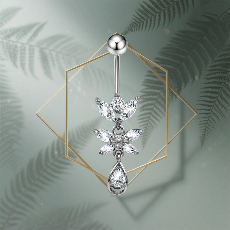 Three-dimensional Moon Copper Belly Ring With Electroplated Platinum Plated Finish And Zircon Inlay