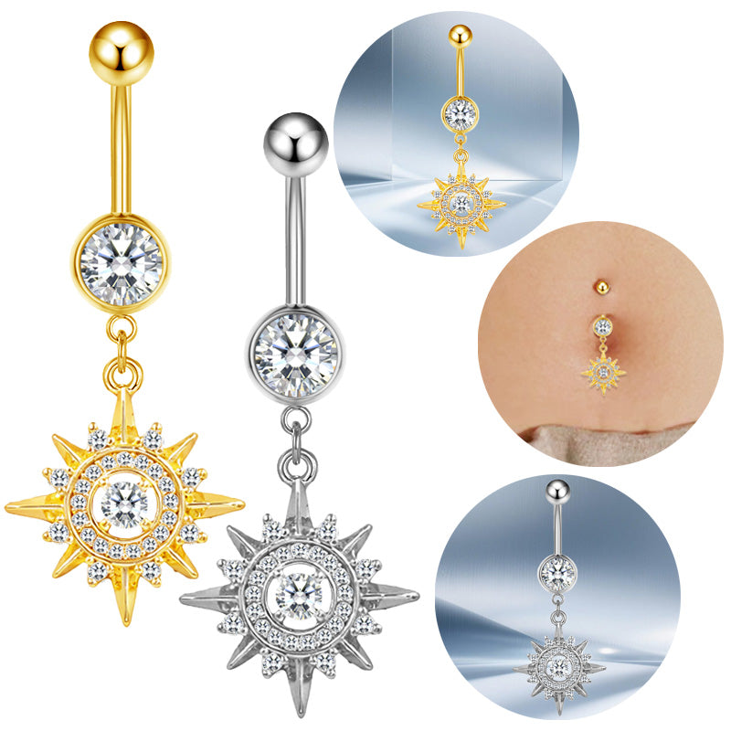 Three-dimensional Moon Copper Belly Ring With Electroplated Platinum Plated Finish And Zircon Inlay