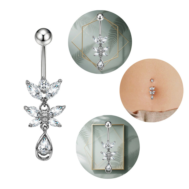 Three-dimensional Moon Copper Belly Ring With Electroplated Platinum Plated Finish And Zircon Inlay