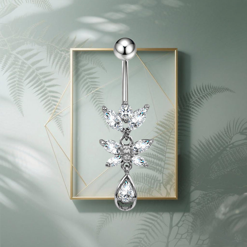 Three-dimensional Moon Copper Belly Ring With Electroplated Platinum Plated Finish And Zircon Inlay