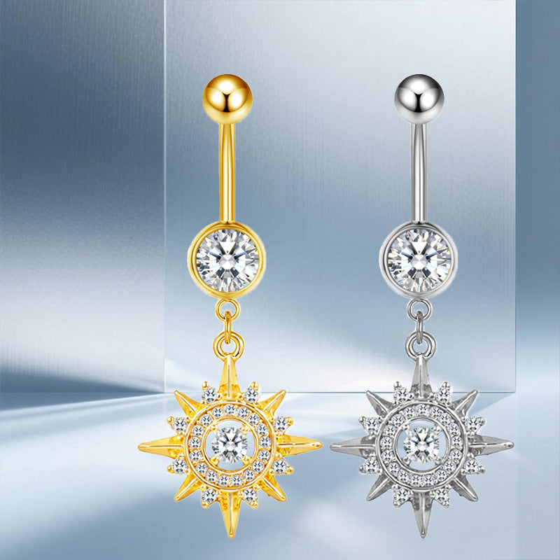 Three-dimensional Moon Copper Belly Ring With Electroplated Platinum Plated Finish And Zircon Inlay