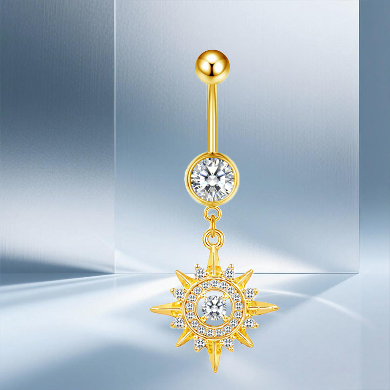 Three-dimensional Moon Copper Belly Ring With Electroplated Platinum Plated Finish And Zircon Inlay