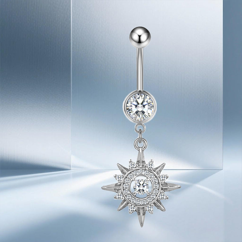 Three-dimensional Moon Copper Belly Ring With Electroplated Platinum Plated Finish And Zircon Inlay