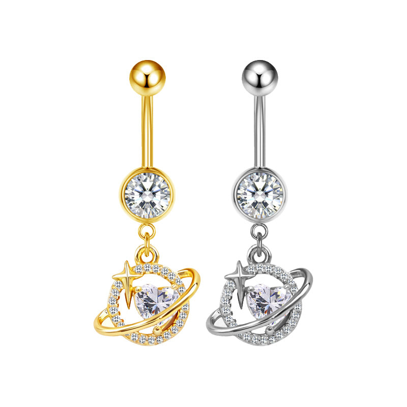 Three-dimensional Moon Copper Belly Ring With Electroplated Platinum Plated Finish And Zircon Inlay