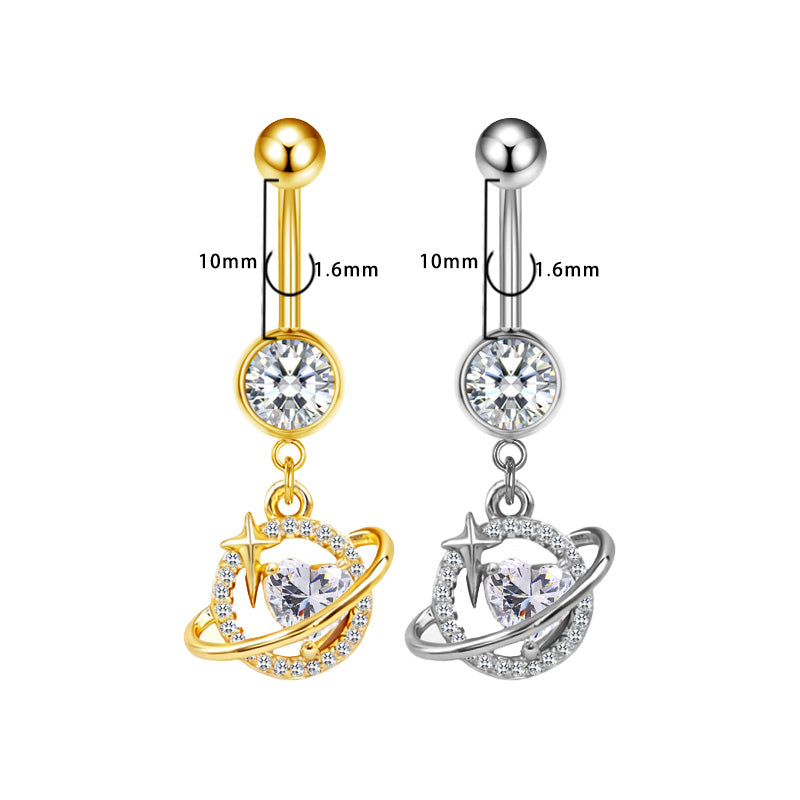 Three-dimensional Moon Copper Belly Ring With Electroplated Platinum Plated Finish And Zircon Inlay