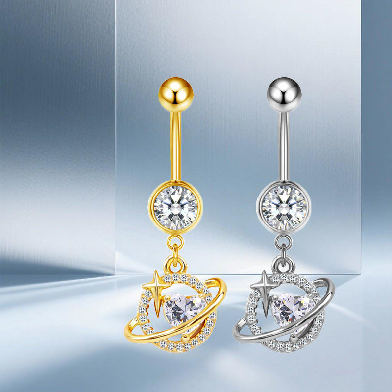 Three-dimensional Moon Copper Belly Ring With Electroplated Platinum Plated Finish And Zircon Inlay