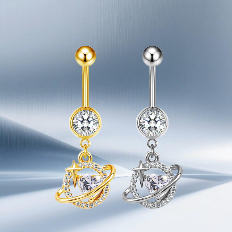 Three-dimensional Moon Copper Belly Ring With Electroplated Platinum Plated Finish And Zircon Inlay