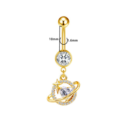 Three-dimensional Moon Copper Belly Ring With Electroplated Platinum Plated Finish And Zircon Inlay