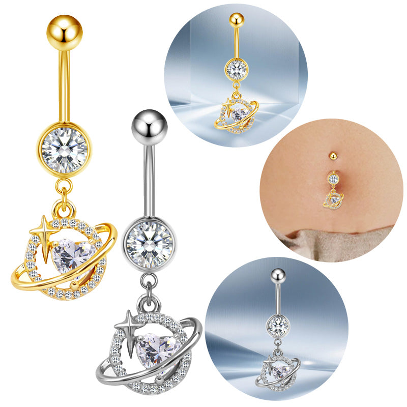 Three-dimensional Moon Copper Belly Ring With Electroplated Platinum Plated Finish And Zircon Inlay