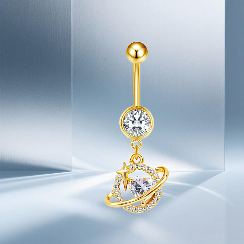 Three-dimensional Moon Copper Belly Ring With Electroplated Platinum Plated Finish And Zircon Inlay