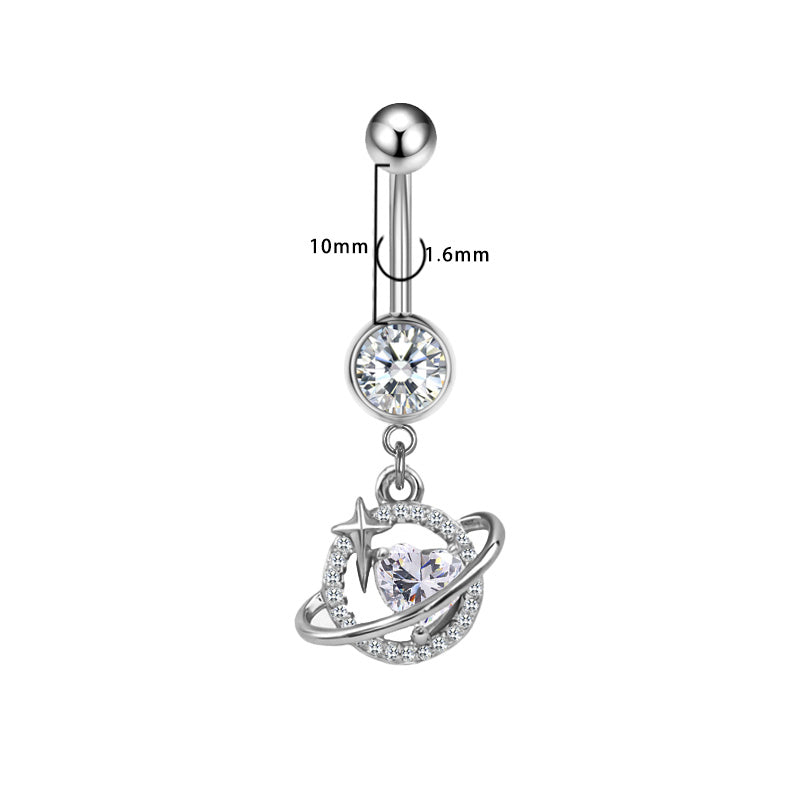 Three-dimensional Moon Copper Belly Ring With Electroplated Platinum Plated Finish And Zircon Inlay