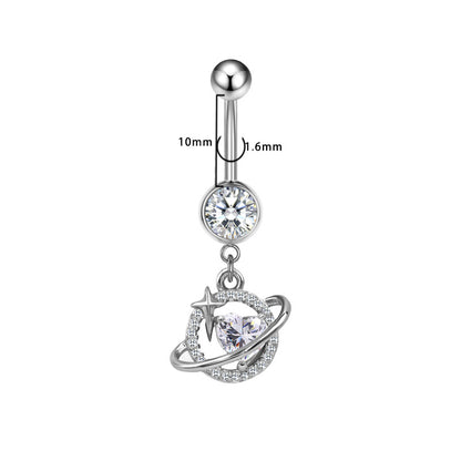 Three-dimensional Moon Copper Belly Ring With Electroplated Platinum Plated Finish And Zircon Inlay