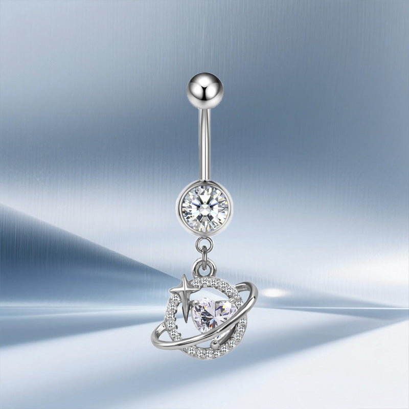 Three-dimensional Moon Copper Belly Ring With Electroplated Platinum Plated Finish And Zircon Inlay