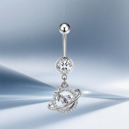 Three-dimensional Moon Copper Belly Ring With Electroplated Platinum Plated Finish And Zircon Inlay