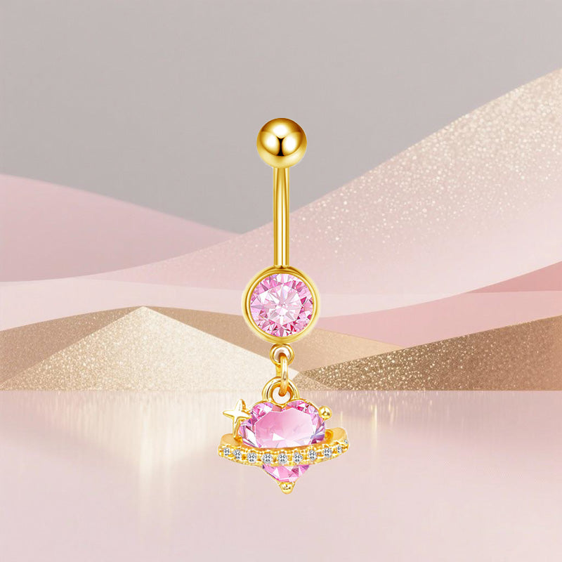 Three-dimensional Moon Copper Belly Ring With Electroplated Platinum Plated Finish And Zircon Inlay