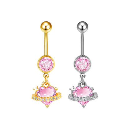 Three-dimensional Moon Copper Belly Ring With Electroplated Platinum Plated Finish And Zircon Inlay
