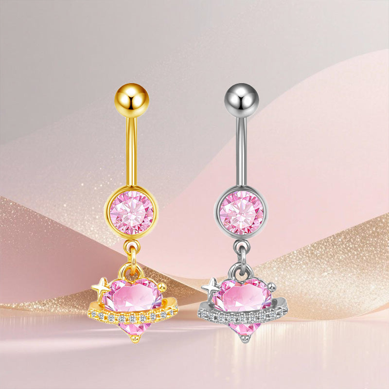 Three-dimensional Moon Copper Belly Ring With Electroplated Platinum Plated Finish And Zircon Inlay