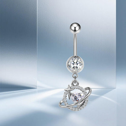 Three-dimensional Moon Copper Belly Ring With Electroplated Platinum Plated Finish And Zircon Inlay