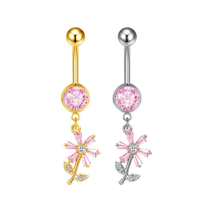 Three-dimensional Moon Copper Belly Ring With Electroplated Platinum Plated Finish And Zircon Inlay