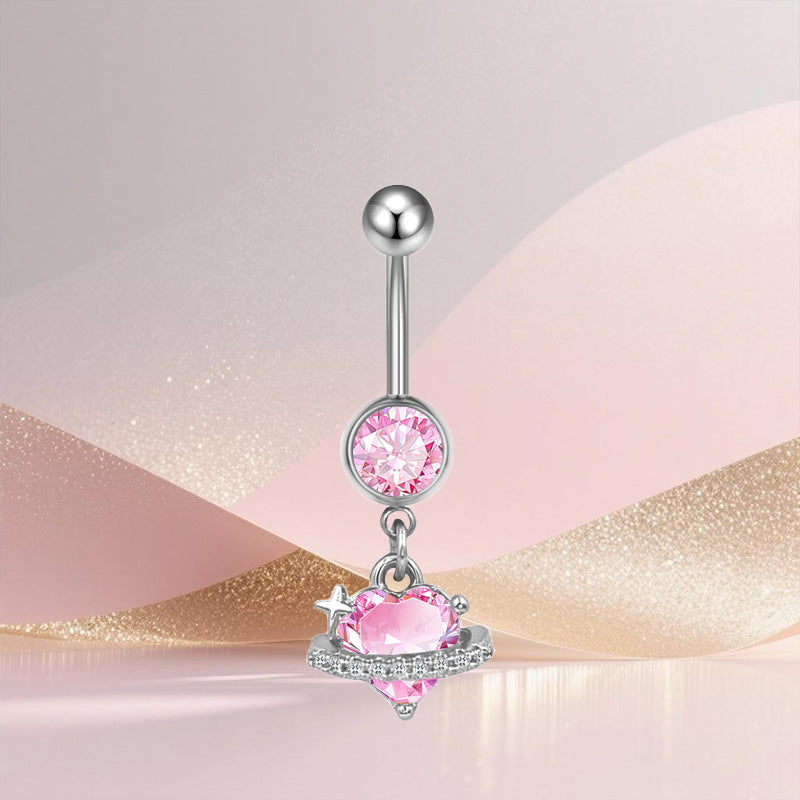 Three-dimensional Moon Copper Belly Ring With Electroplated Platinum Plated Finish And Zircon Inlay