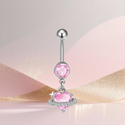 Three-dimensional Moon Copper Belly Ring With Electroplated Platinum Plated Finish And Zircon Inlay