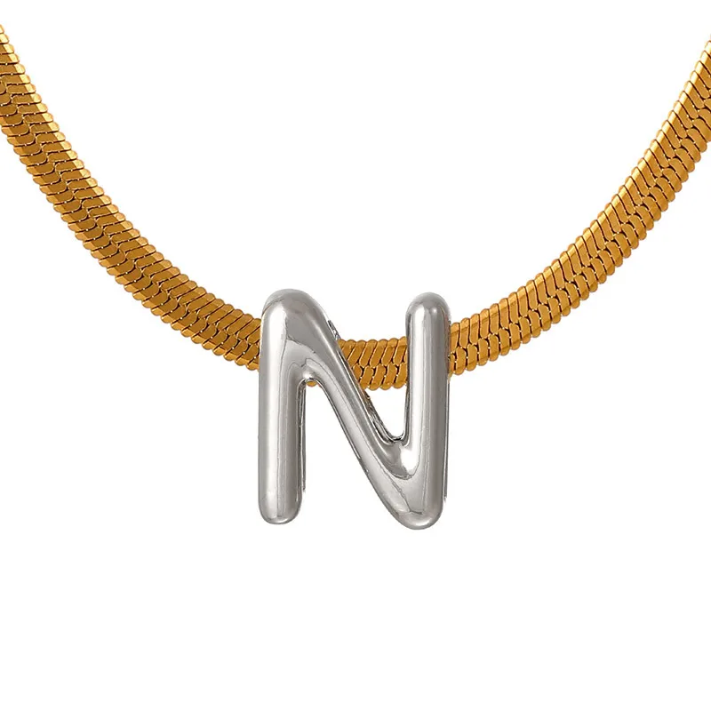 Suitable For 304 Stainless Steel Letter Beaded Necklace With 18k Real Gold Electroplated Snake Chain, Unisex