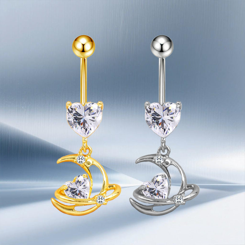 Three-dimensional Moon Copper Belly Ring With Electroplated Platinum Plated Finish And Zircon Inlay