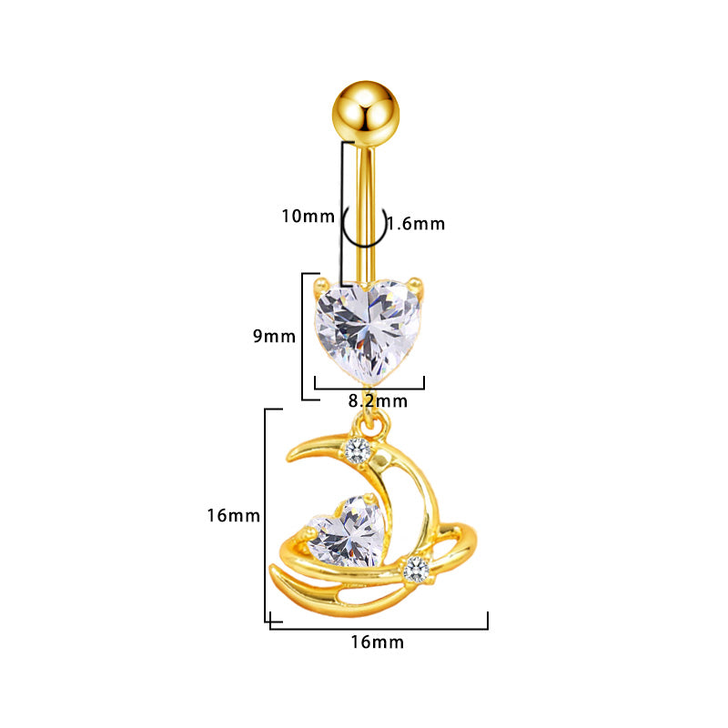 Three-dimensional Moon Copper Belly Ring With Electroplated Platinum Plated Finish And Zircon Inlay