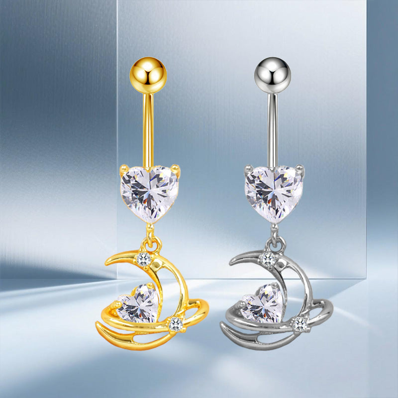 Three-dimensional Moon Copper Belly Ring With Electroplated Platinum Plated Finish And Zircon Inlay