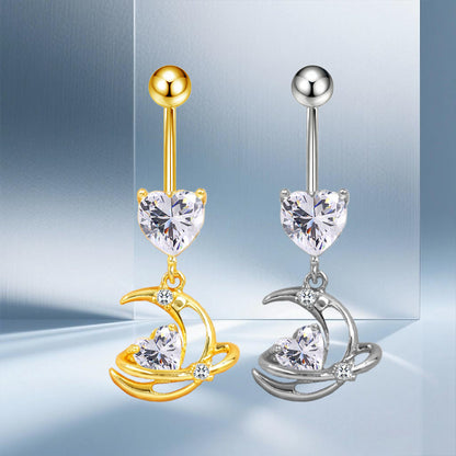 Three-dimensional Moon Copper Belly Ring With Electroplated Platinum Plated Finish And Zircon Inlay