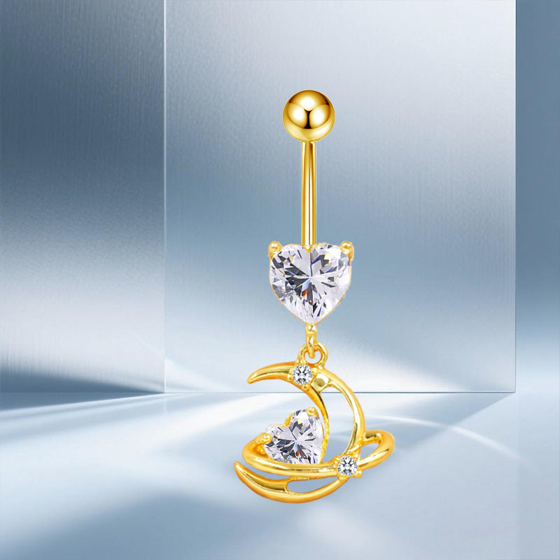 Three-dimensional Moon Copper Belly Ring With Electroplated Platinum Plated Finish And Zircon Inlay