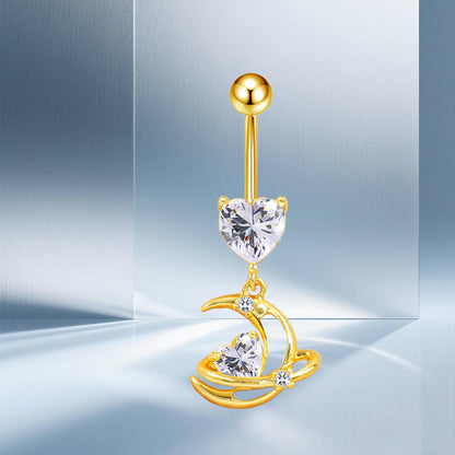Three-dimensional Moon Copper Belly Ring With Electroplated Platinum Plated Finish And Zircon Inlay