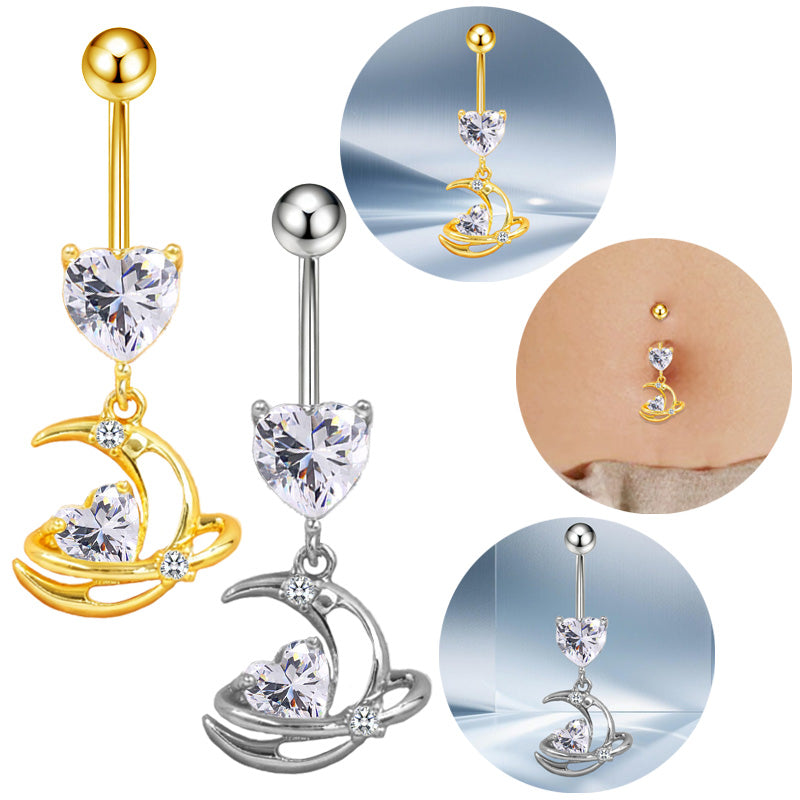 Three-dimensional Moon Copper Belly Ring With Electroplated Platinum Plated Finish And Zircon Inlay