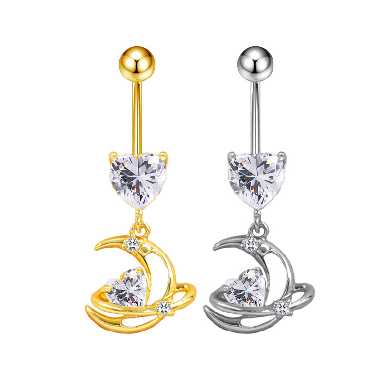Three-dimensional Moon Copper Belly Ring With Electroplated Platinum Plated Finish And Zircon Inlay