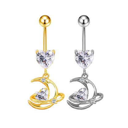 Three-dimensional Moon Copper Belly Ring With Electroplated Platinum Plated Finish And Zircon Inlay