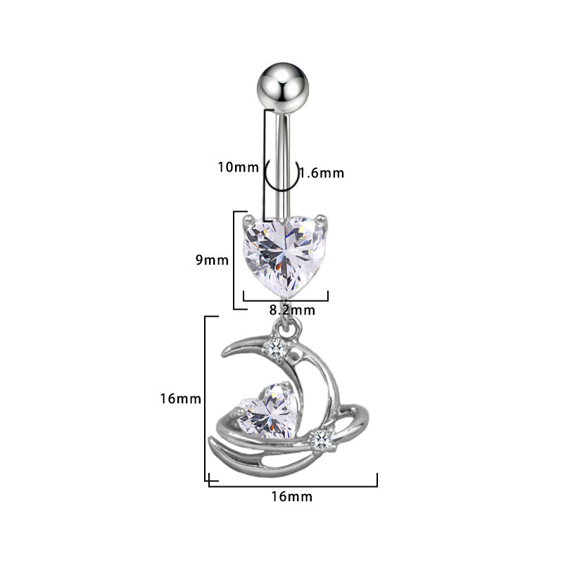 Three-dimensional Moon Copper Belly Ring With Electroplated Platinum Plated Finish And Zircon Inlay