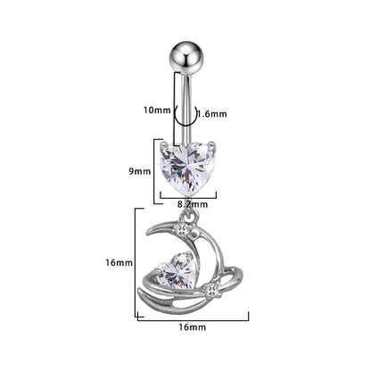 Three-dimensional Moon Copper Belly Ring With Electroplated Platinum Plated Finish And Zircon Inlay