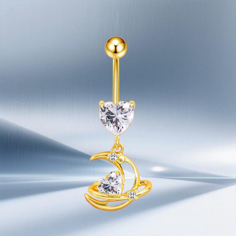 Three-dimensional Moon Copper Belly Ring With Electroplated Platinum Plated Finish And Zircon Inlay