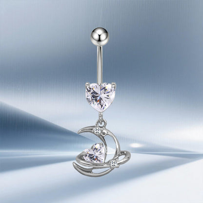 Three-dimensional Moon Copper Belly Ring With Electroplated Platinum Plated Finish And Zircon Inlay