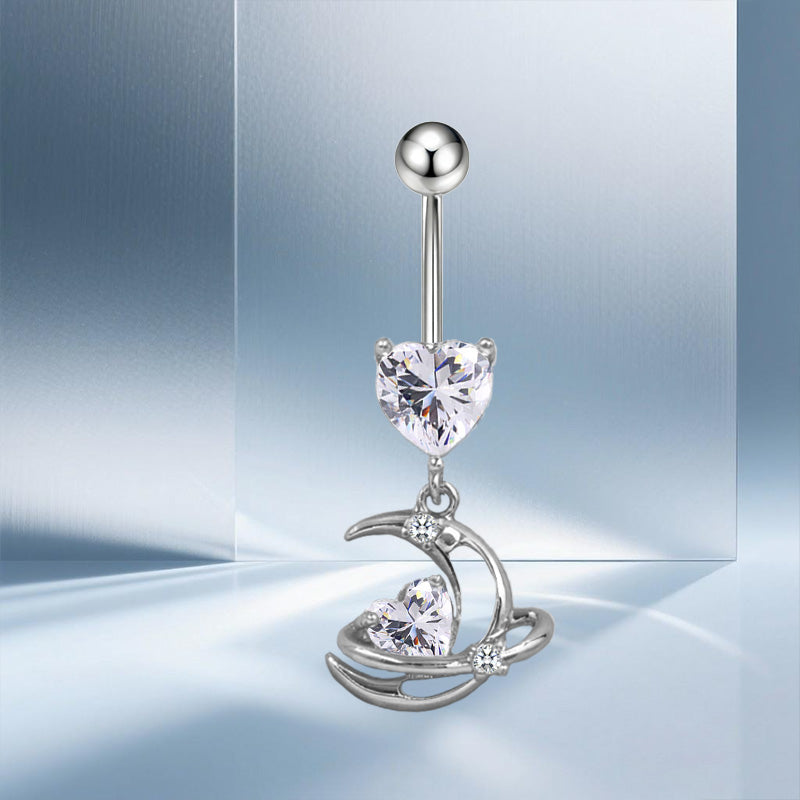 Three-dimensional Moon Copper Belly Ring With Electroplated Platinum Plated Finish And Zircon Inlay