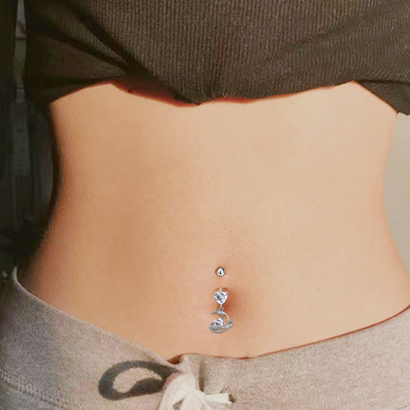 Three-dimensional Moon Copper Belly Ring With Electroplated Platinum Plated Finish And Zircon Inlay