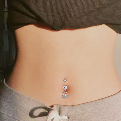 Three-dimensional Moon Copper Belly Ring With Electroplated Platinum Plated Finish And Zircon Inlay