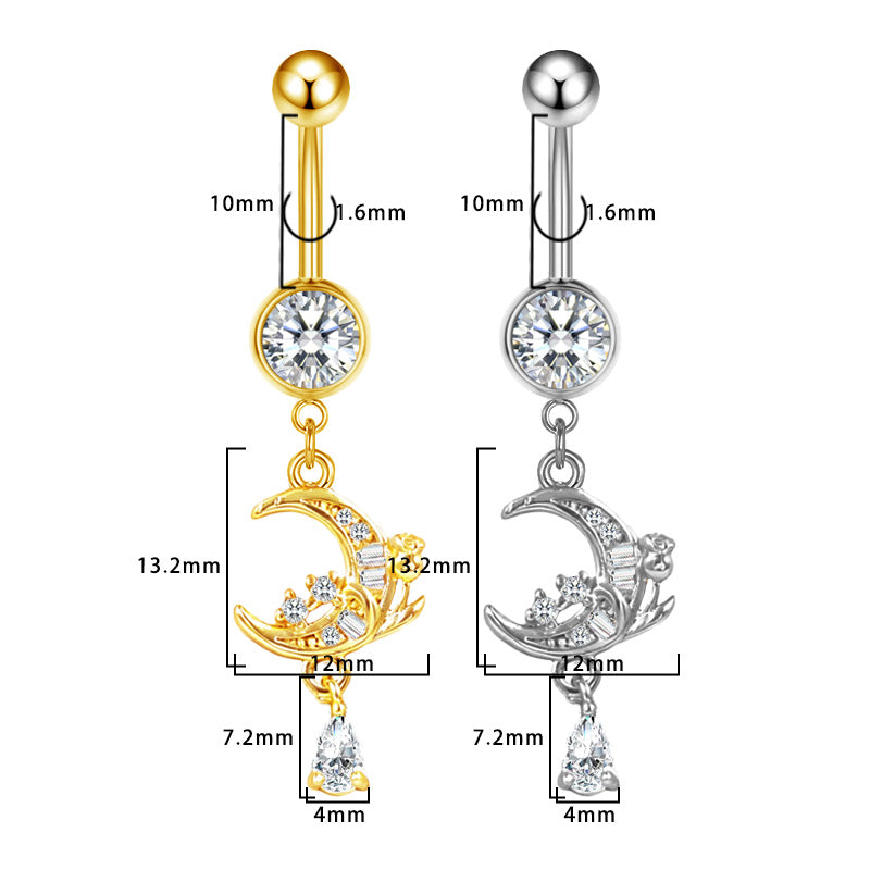 Three-dimensional Moon Copper Belly Ring With Electroplated Platinum Plated Finish And Zircon Inlay