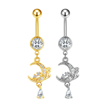 Three-dimensional Moon Copper Belly Ring With Electroplated Platinum Plated Finish And Zircon Inlay